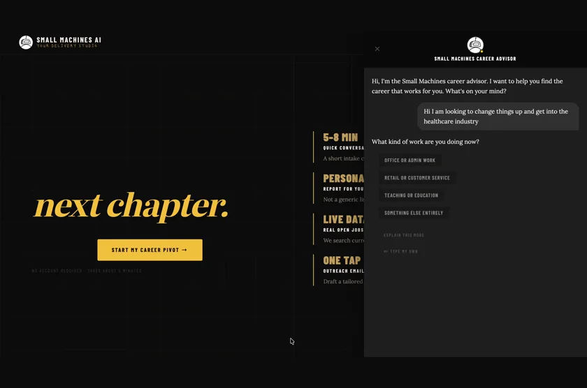 The Career Pivot tool on a MacBook: the landing page, with the career advisor open beside it mid-conversation
